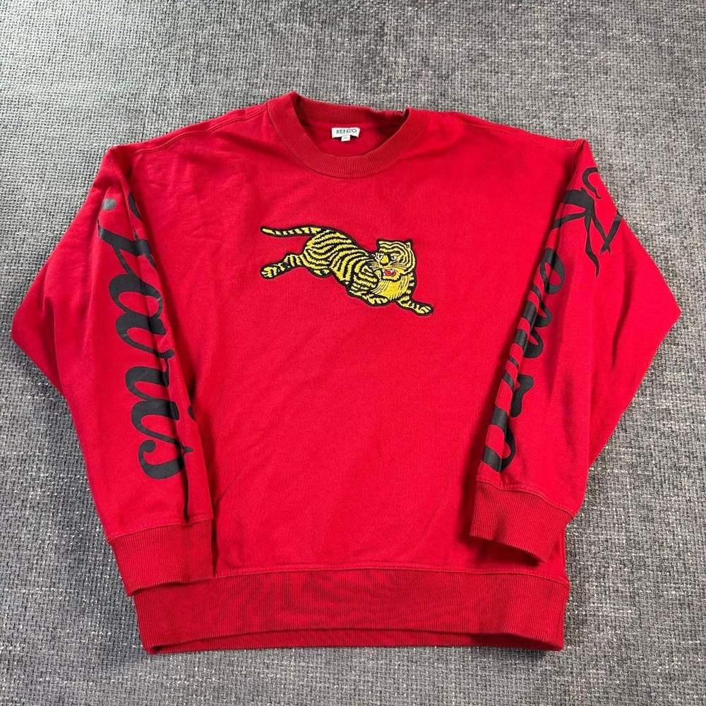 Kenzo Tiger Sweatshirt Unisex Medium Red Embroidered Logo Sleeve Graphic